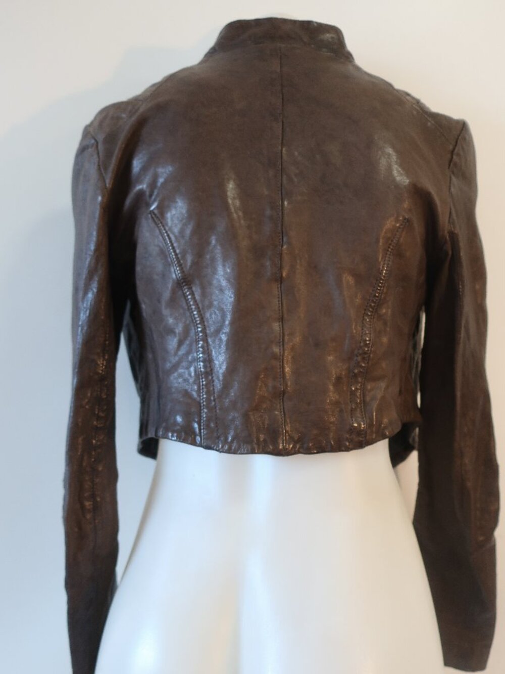 Womens All Saints Brown (Item- 314) Cropped Bomber Leather Lelex Moto Jacket 12 - Picture 12 of 15